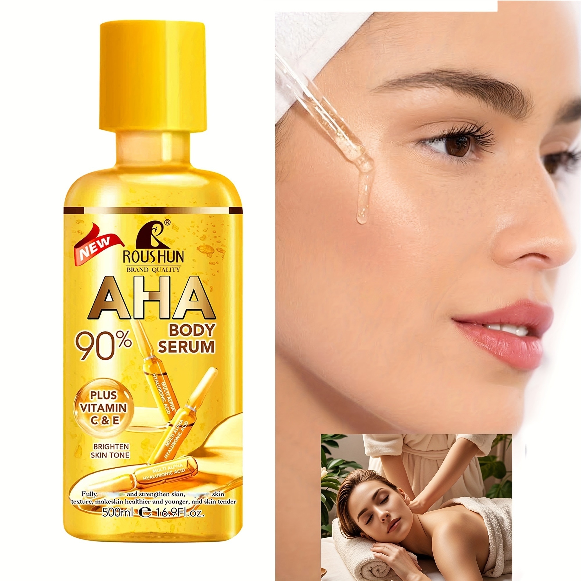 500ml ROUSHUN AHA ボディセラム ビタミンC ヒアルロン酸 グリセリン配合 保湿 潤い ライトベージュ エッセンス アルコールフリー フォーミュラ 全肌質対応 顔 手 目用 旅行用 ス