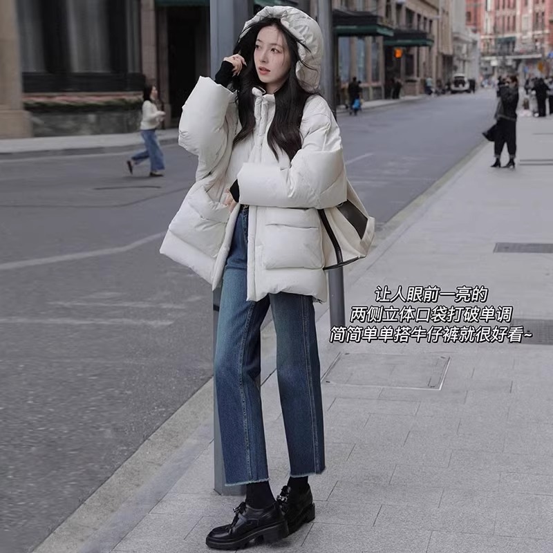 韓国版女性用新作ホワイトダックダウンジャケットショートフード付きバンダウンジャケットデザインジャケット