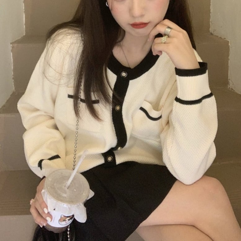 2color レディース カーディガン ニット クルーネック あぜ編みトップス ジャガード