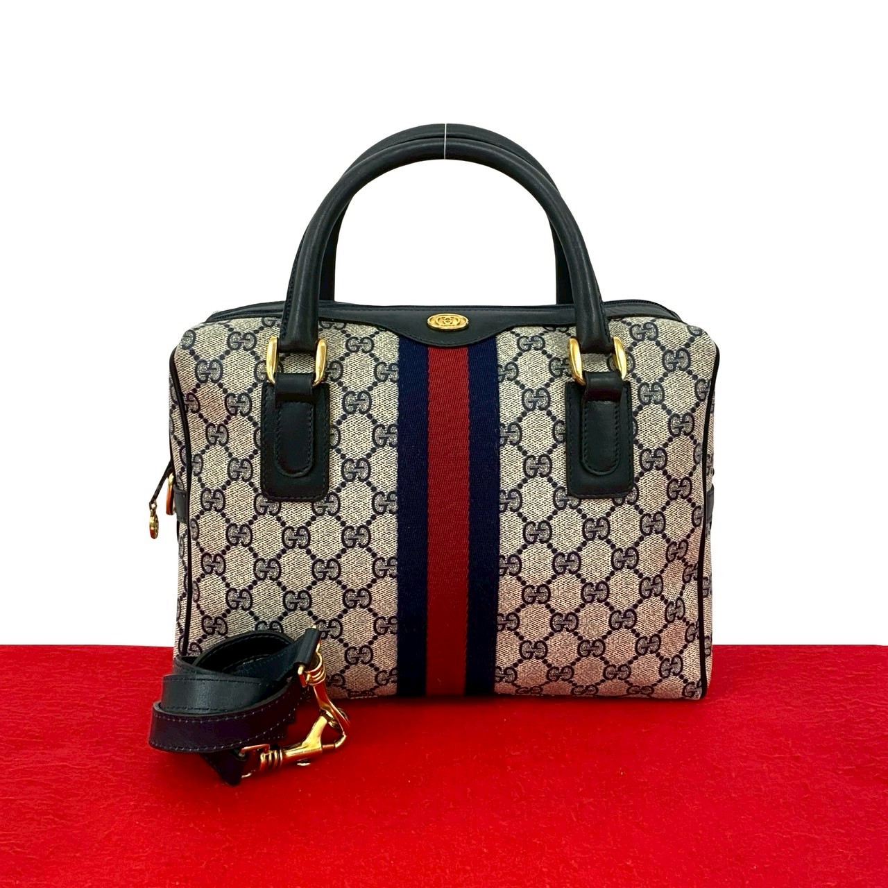 ヴィンテージ シェリーライン GG ロゴ 金具ショルダーバッグ レザー PVC ネイビー 199-9