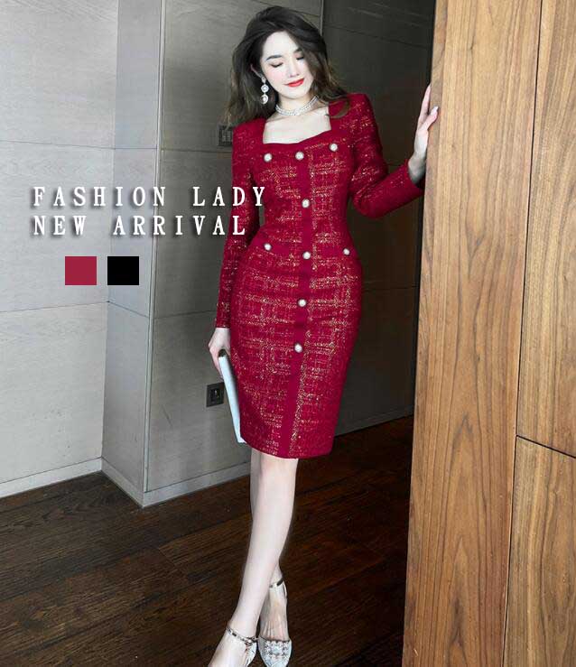 上品 パーティー 宴会 レディース ワンピース おしゃれ ２色 ワイン ブラック スーツワンピース 通勤 ビジネス 新作 感 キレイめ シングルブレスト 膝丈 ロングスリーブ タイトワンピース エ
