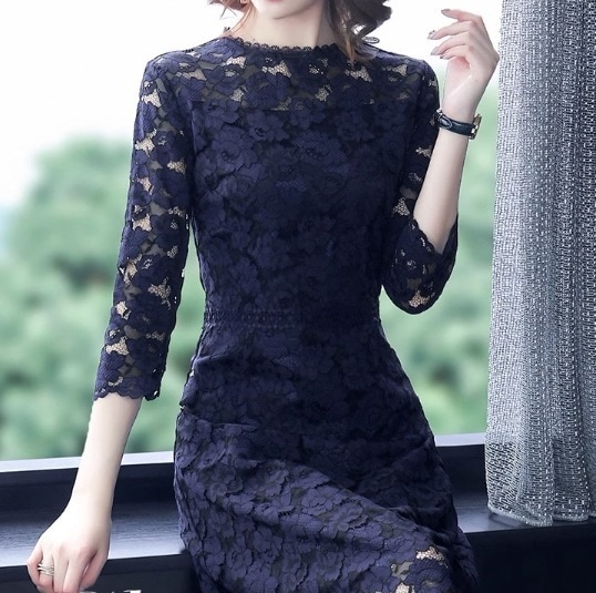 ワンピース ドレスワンピース 膝下 7分袖 七分袖 クルーネック スリム タイト 細身 デザイン ボタン 美ライン ニュアンス レース ファスナー スタイルアップ ロマンチック かわいい 大人可愛い