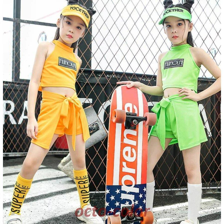 キッズ ダンス衣装　ヒップホップ　ダンス衣装　チアガール　子供 ダンスウェア 上下セット　セットアップ　チア 発表会 体操　ｔシャツ　スカート　女の子　ガ