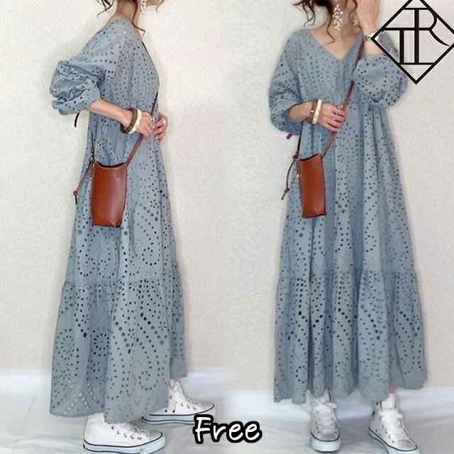 【即納】ワンピース レディース ロング丈 マキシ カジュアル 長袖 大きいサイズ ワンピ Vネック アイレットレース ふんわり ゆるい ビッグシルエット 可愛い お洒落 ガーリー フェミニン 甘め