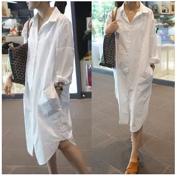 数量限定 ホワイトロングシャツワンピース　コットンシャツ　ロング　大人スタイル　変形デザイン　長袖　Ｓ～ＸＬ【クリックポストで】