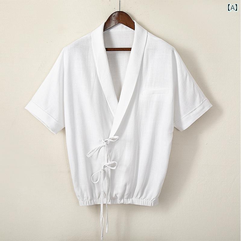 メンズ シャツ トップス 五分袖 チャイナ風 クボタン 斜め襟 中華伝統スタイル 薄手 唐装 漢服 快適 涼感 デザイン性 リラクシング スタイリッシュ モダン カジュアル 軽量