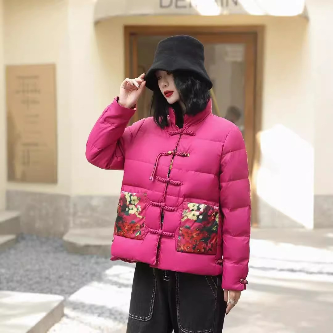 2025年中国民族風レトロ花咲く繁栄のボタンプリントスタンドカラーホワイトダックダウンジャケットショートコートレディース