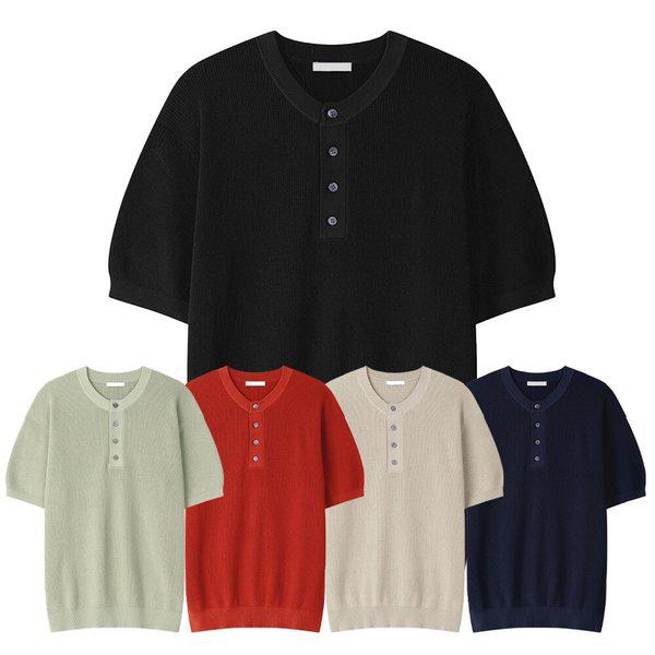 メンズ ベーシック ハッチ ヘンリーネック ラウンド 半袖 ニットTシャツ AS-KNH-Q017-ライトミント