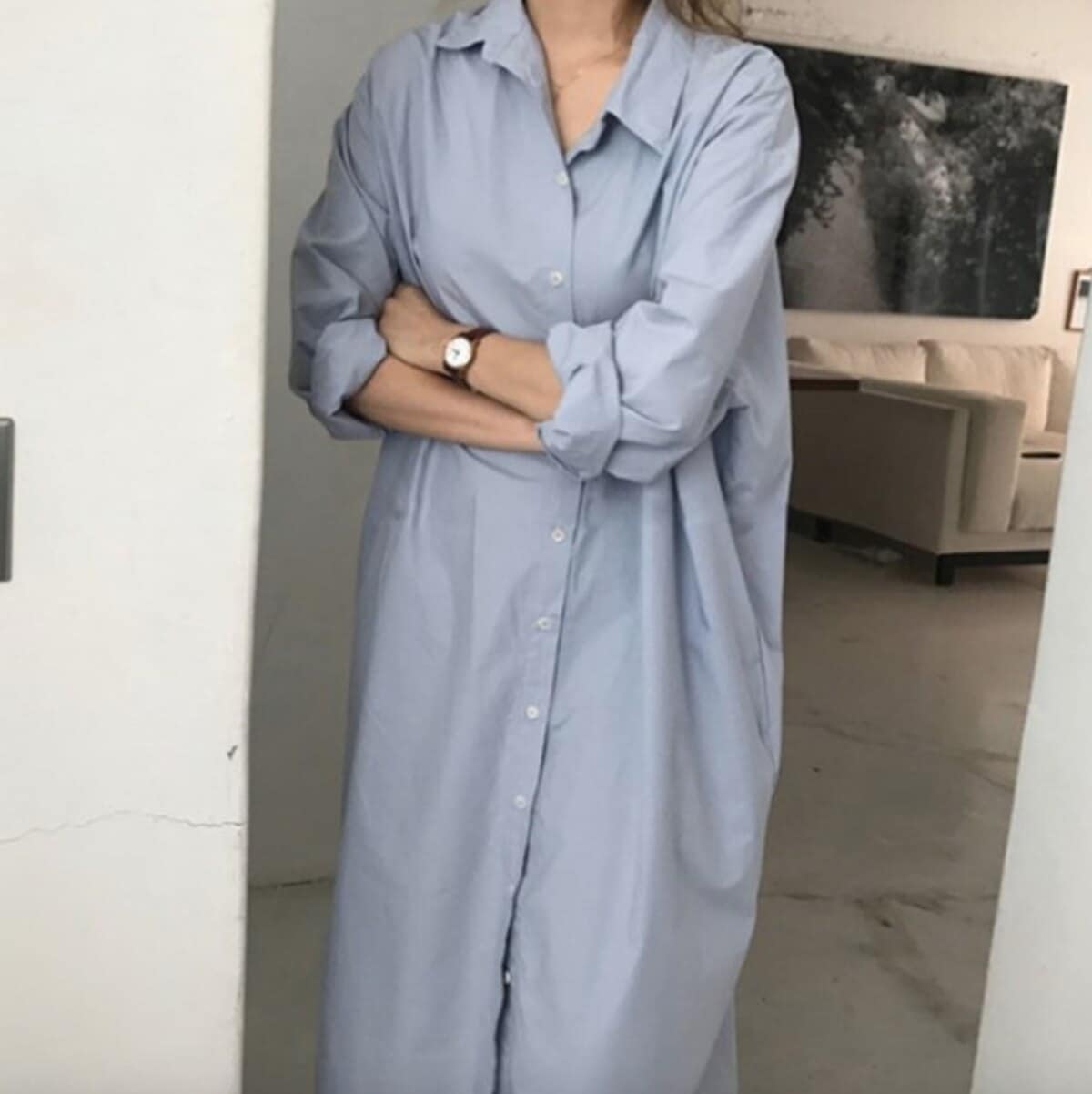 ンピース シャツワンピ 膝丈 ミモレ 襟付き 長袖 ストレート 前開き 前ボタン カジュアル 大人可愛い シンプル ラフ ルーズ 無地 春 夏 マタニティ デート お出かけ S XL ブルー 5,212円