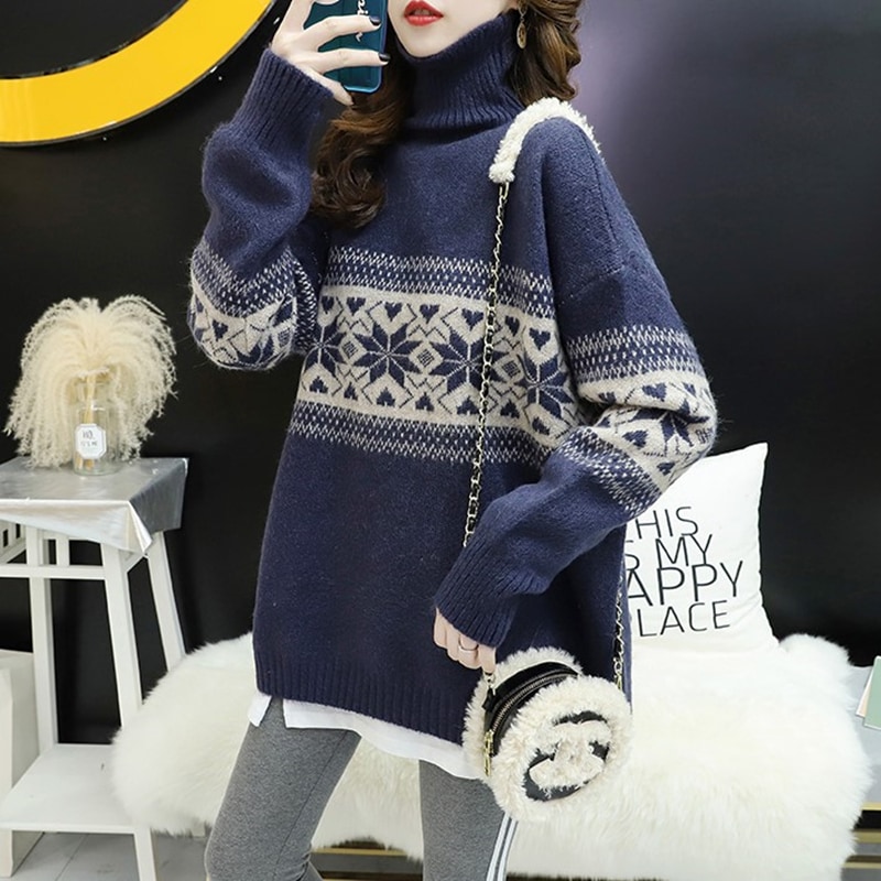 タートルネックセーター トップス ニット カジュアル ブルー 青 レッド 赤 ミディアム丈 袖あり