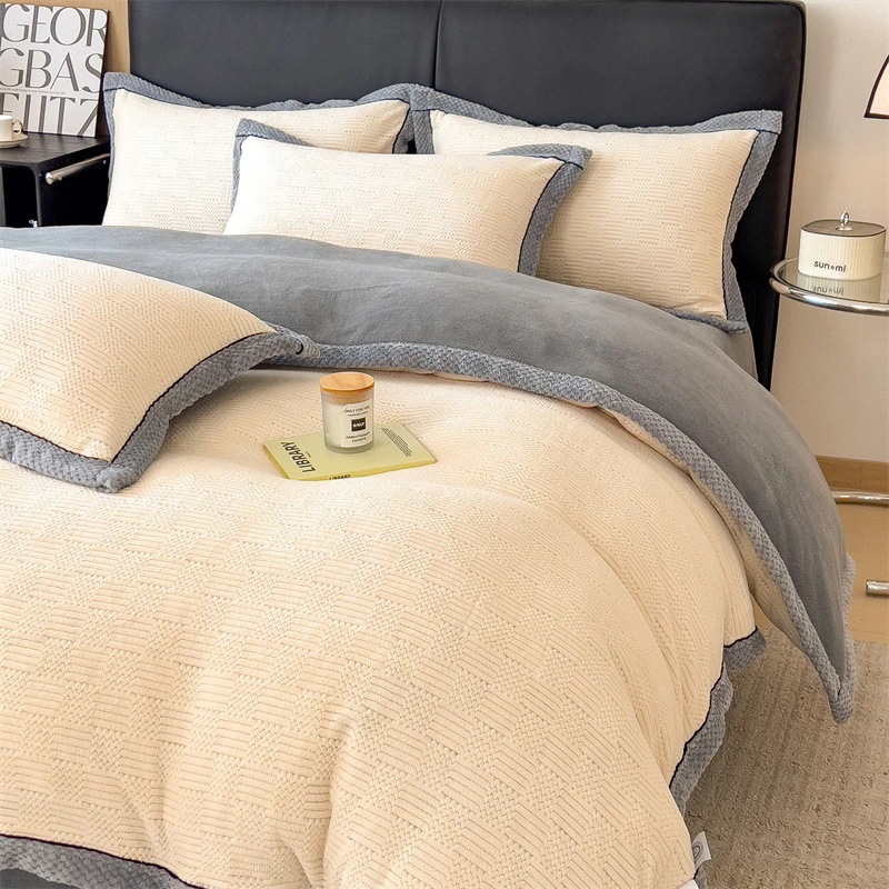 布団布団セット軽くて贅沢な立体ミルクベルベット4点セット厚手フランネルコーラルフリースベッドシーツキルトカバー暖かい寝具