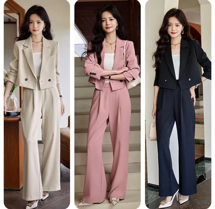 【NEWカラー追加】2025年オシャレスーツ 5色 ガウチョパンツ ワイドパンツスーツ 2点セット 上下セット ショートコート 長袖ジャケット/ショートコート＋パンツ ビジネス スリムスーツ 通