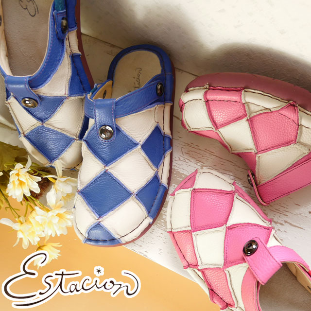エスタシオン Estacion レディース クロッグサンダル カジュアルシューズ コンフォートサンダル 2WAY サボサンダル 本革 靴 TGE025-1A ピンク/コンビ ブルー/コンビ