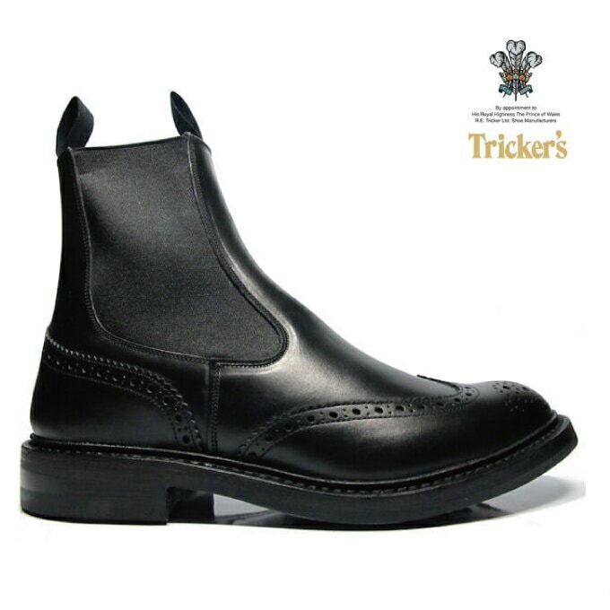 トリッカーズ ヘンリー メンズ サイドゴアブーツ チェルシーブーツ ブラック ボックス カーフ エラスティック ブローグ ブーツ TRICKER S BLACK [2754-black]