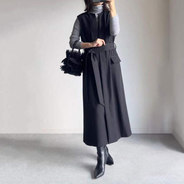 【高級品質!】 無地ノースリーブナチュラルシンプルカジュアルノースリーブポケット付きボウタイスリットラウンドネックブラックハイウエストAラインワンピース