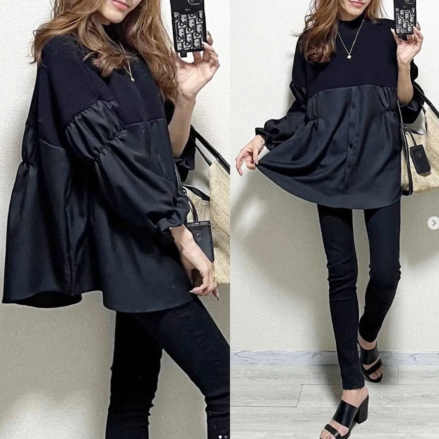 【SNSで大騒ぎ】 ファッションモード韓国系パフスリーブ切り替えハーフネックシャツ 