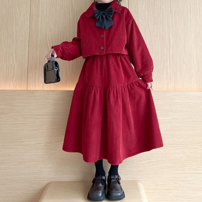 【新品】小学生 キッズ 女の子 セットアップ コーデュロイ リボンタイ ジャケット スカート 2点セット 春秋冬 ツーピース きれいめ カジュアル フォーマル ガーリー 発表会 可愛い 韓国 おしゃれ