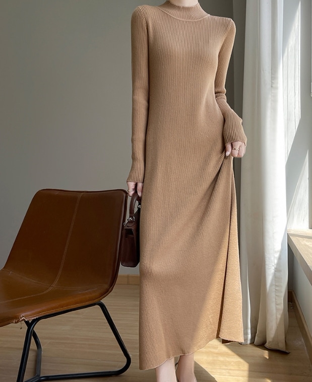 レディース ワンピース ニット ニットワンピ 膝下 ミモレ 長袖 萌袖 ハイネック フレア Aライン 中厚手 リブニット 大人可愛い シンプル 上品 おしゃれ 無地 秋 冬 授業参観 MTG
