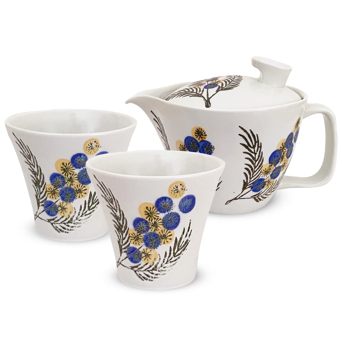 J-kitchens 勲山窯 急須セット 波佐見焼 日本製 (急須 ペア湯呑み 茶器 セット) 240ml 130ml 1人用 ~ 2人用 茶こし付き ミモザ