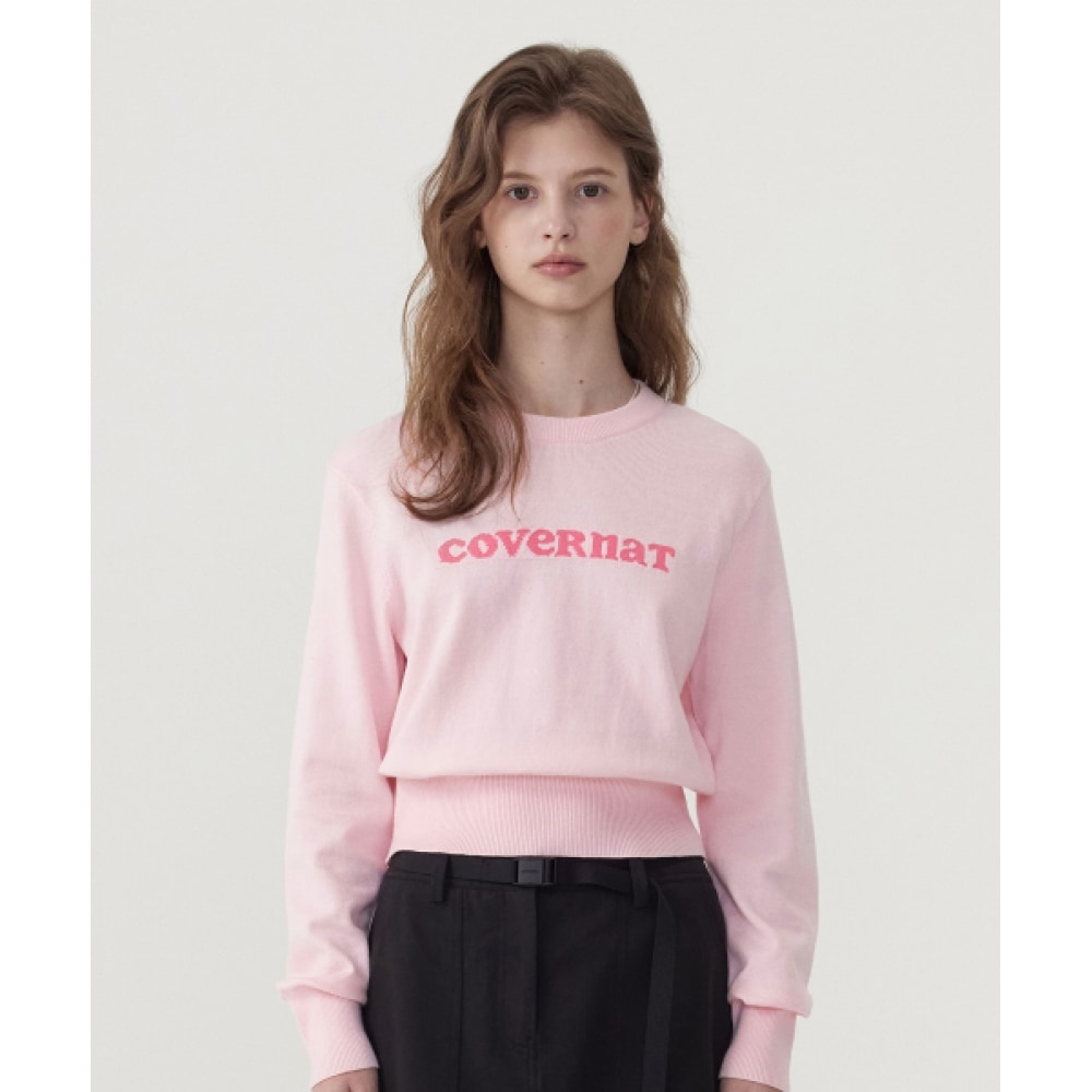COVERNAT 女性用クーパーロゴラウンドネックニットライトピンク