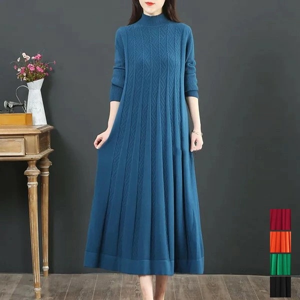 ニットワンピース レディース ハイネック ロング ワンピース 大きいサイズ 秋冬 春 セーター 柔らか ゆったり 体型カバー 着痩せ お洒落 保温 通勤 普段着 緑 黒 赤 bs045s1s1t2