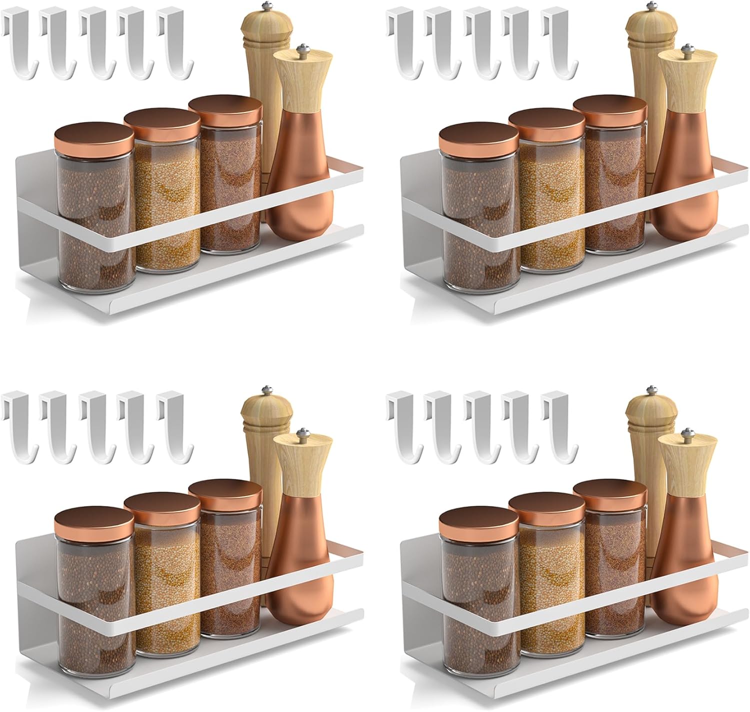 壁掛け用強力磁石ラック 耐荷重5kg 防水防錆 フック付き ホワイト 4個組