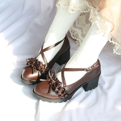 シューズ 靴 パンプス レディースシューズ 5cmヒール 太ヒール フリル リボン 歩きやすい かわいい レトロ キュート ガーリー 無地 秋 冬 10代 20代 レディース 女性用 女の子 お出かけ