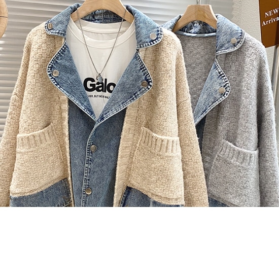 【取寄：納期2週間】ジャケット レディース アウター 羽織 デニム 異素材ミックス 厚手 カーディガン セーター カジュアル お出掛け おしゃれ グレー ベージュ ゆったり 体型カバー