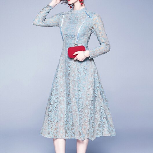 【取寄：納期2週間】リゾートワンピース レース フレアワンピース 長袖 上品 ドレス お呼ばれ 二次会 パーティー 大きいサイズ レースワンピース 春夏新作 きれいめ リゾートワンピース レース