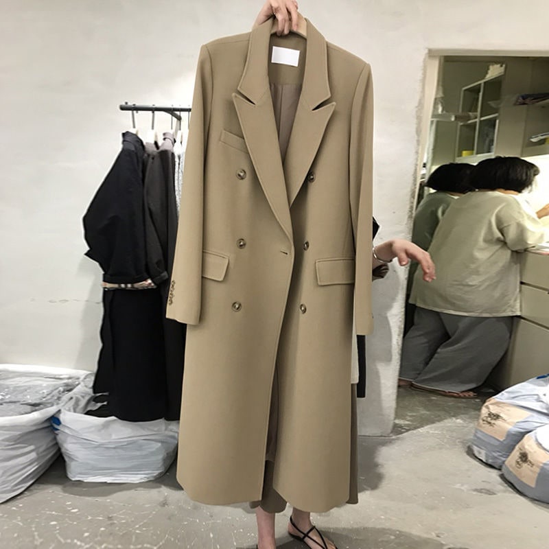 ロングブレザー女性の春と秋の韓国風インターネットセレブルーズダブルブレストウインドブレーカーハイエンドカジュアルスーツコート