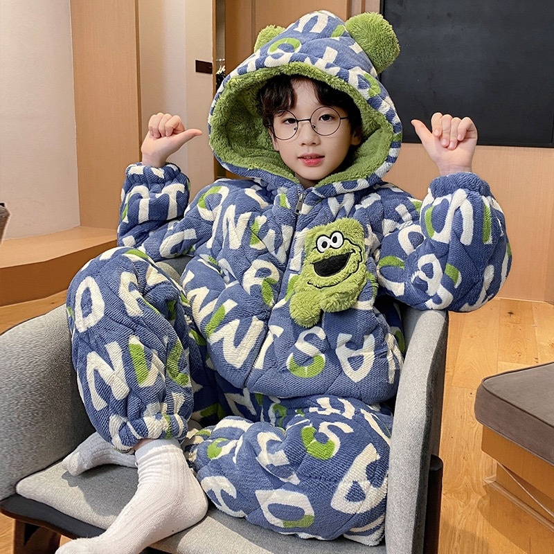 男の子用パジャマ3段厚め綿入りフランネル入り男の子青少年連帽漫画セサミストリートの部屋着