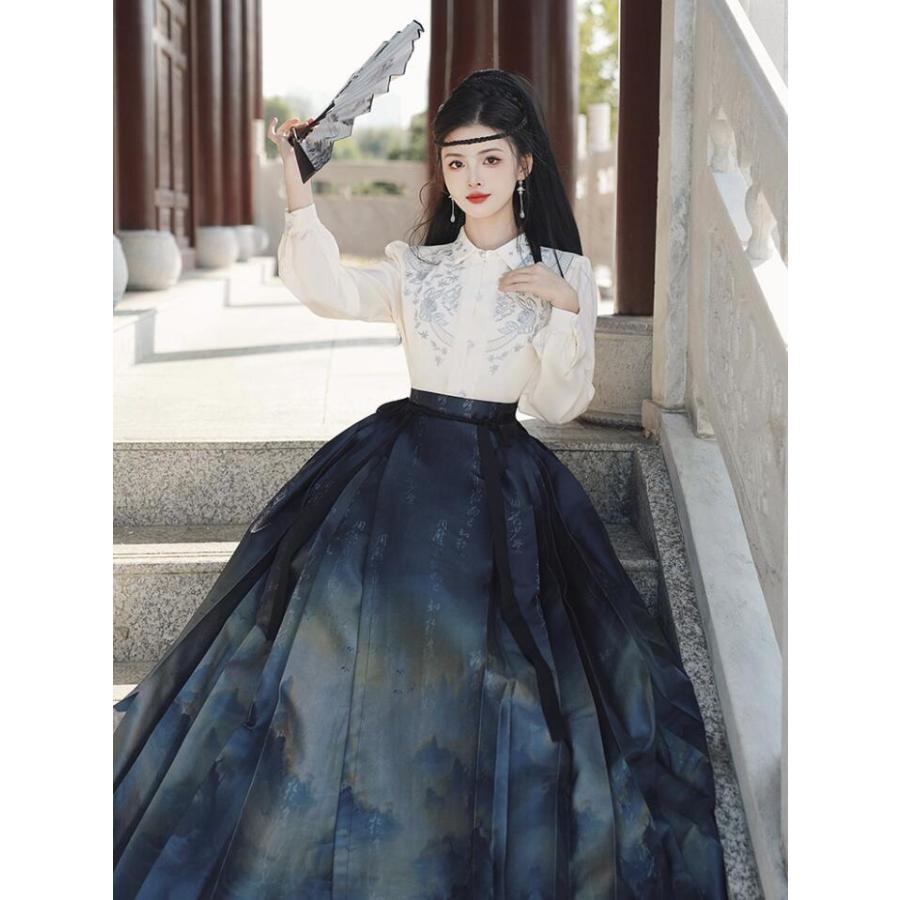 現品/優良商品げ漢服 レディース マミアン スカート 長袖ブラウスセット 中華風シャツ レトロ スカート きい裾 山水柄スカート 花柄刺繍 普段着 イベント ハロウィン クリスマ