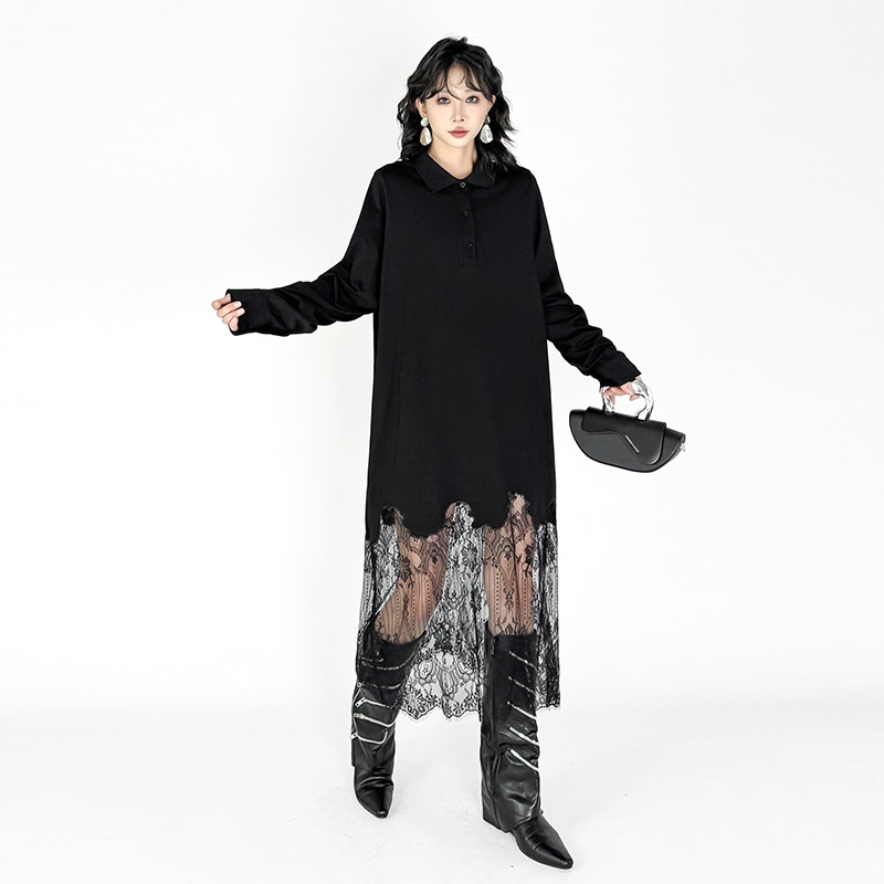 【Noir Mode】 シャツワンピース 長袖ワンピース 秋 新作 ワンピース レーヨン スプライシング ゆったり スリム 大きいサイズ 長袖ワンピース