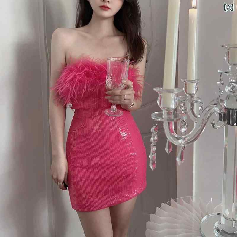 ドレス　パーティー　レディース 魅惑的 バービー ピンクの ショート スカート ヒップ グリッター 高級 ウエスタン 誕生日 ドレス チューブ トップ