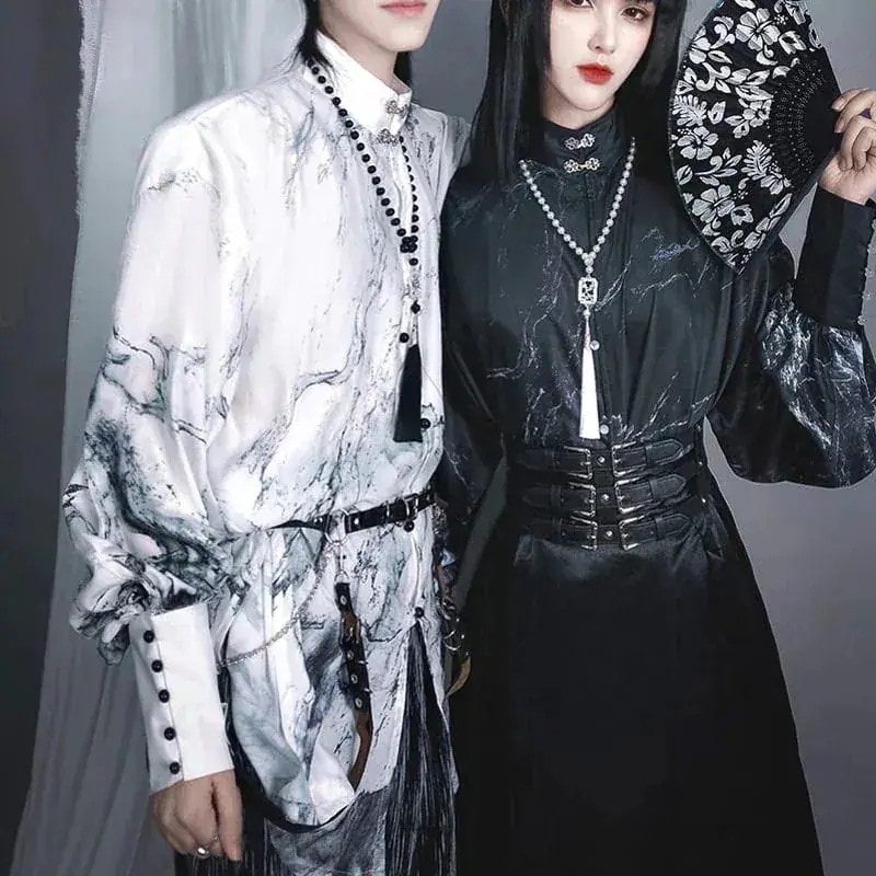 チャイナ風シャツ オリジナル スタンドカラー 改良漢服 黒白 モダン プリント 男女兼用 トップス1246