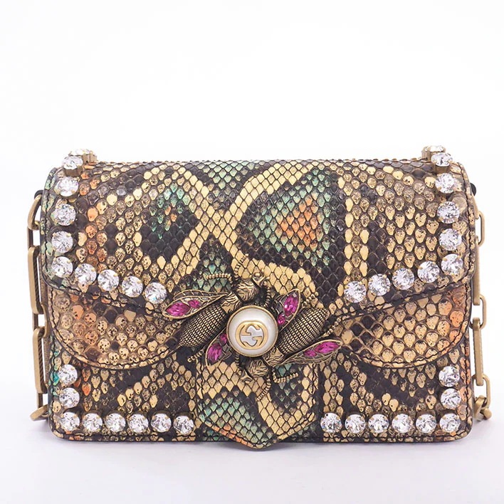 【美品】グッチ Bee エキゾチックレザー チェーン ラインストーン ビジュー ブロードウェイ レディース 【ショルダーバッグ】