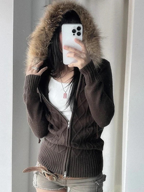 韓国っぽ 防寒 ニット アウタートレンド かわいい レディース ブルゾンフード付きショート長袖トップスカジュアルファッション系フル丈カラーダコーデトラック