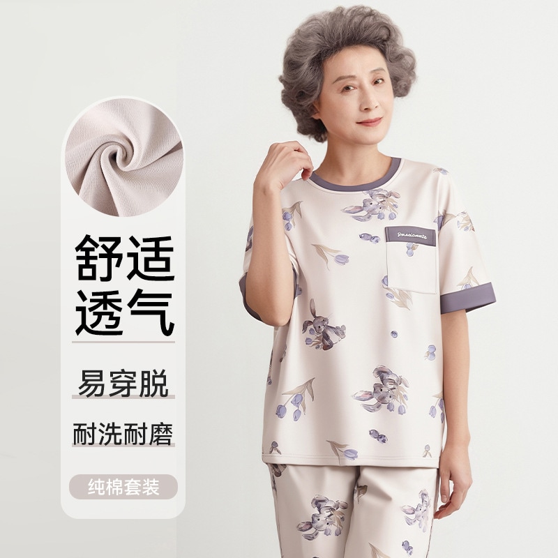 半袖長ズボンパジャマ女性春夏25新型中高年ママ全綿夏外着部屋着セット