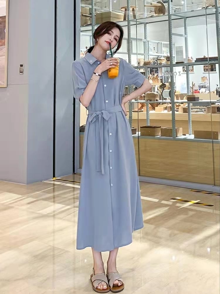 シャツワンピース ワンピース マキシ丈 袖あり 半袖 襟付き Aライン ウエストリボン 前開き