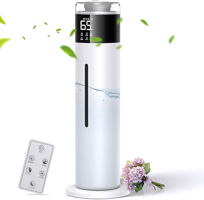 加湿器・8L大容量】加湿器 超音波加湿器 アロマ加湿器 タワー型 上から給水 大容量 事務所/家庭用加湿器 3段階湿度調整 12Hタイマー 35畳 300ml/h 吹出し口360回転 多重除菌浄化