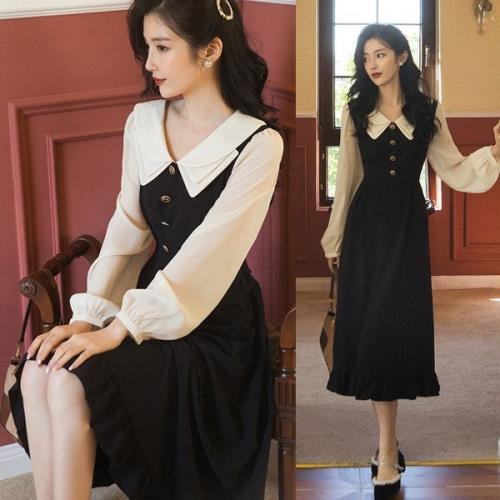 ワンピースロングワンピースドッキングワンピース韓国無地Vネックl長袖ロングミモレ丈おしゃれ可愛いティアード二重襟シフォンバックリボンレトロきれいめ清楚お嬢様体型カバー大きいサイズレディースバイカラーブ