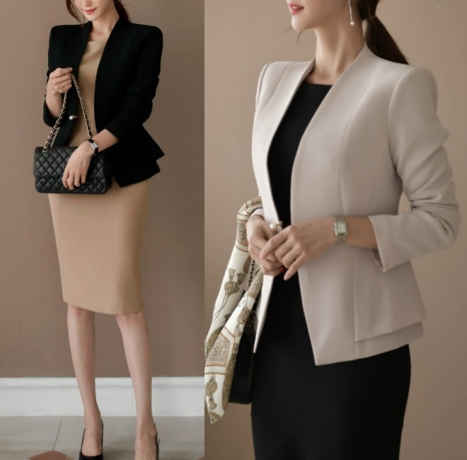 ノーカラージャケット フリル パールボタン オフィス 式典 春秋 韓国ファッション フォーマルジャケット