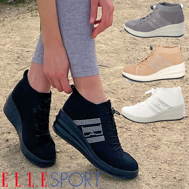 エルスポーツ スニーカー レディース ハイカット 軽量厚底ニットブーツ ショートブーツ カジュアルシューズ ESP12713A ブラック 黒 グレー ホワイト 白 ベージュ 靴