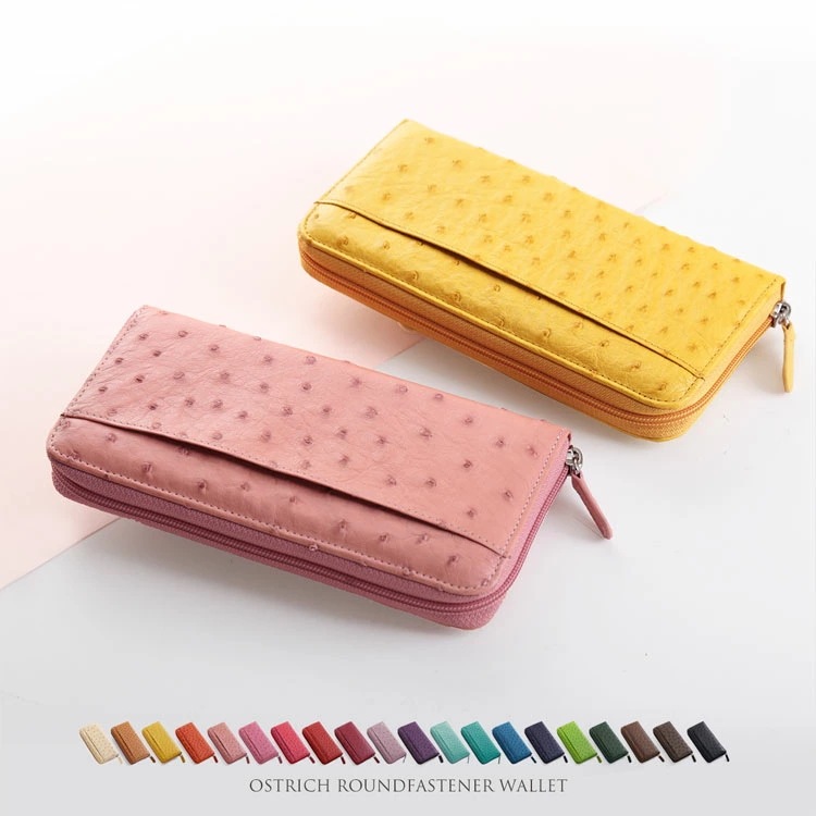 長財布 レディース オーストリッチ ラウンドファスナー 全20色 財布 本革 レザー 母 女性 ペア 夫婦 親子 カップル 記念日 ビジネス 誕生日 春財布 【ネコポスで送料無料】 母の日 ギフト プ