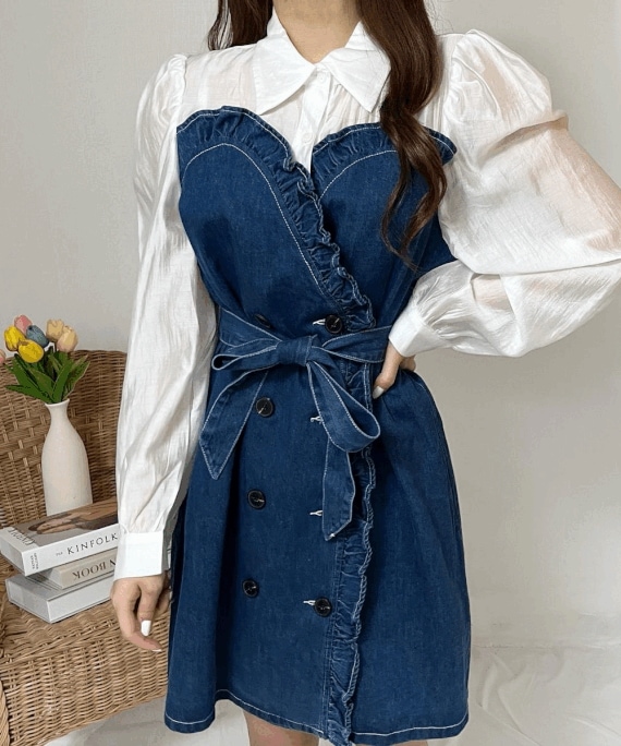 [セット/ラブリー/2color] シアー ブラウス デニム ベルト ワンピース セット