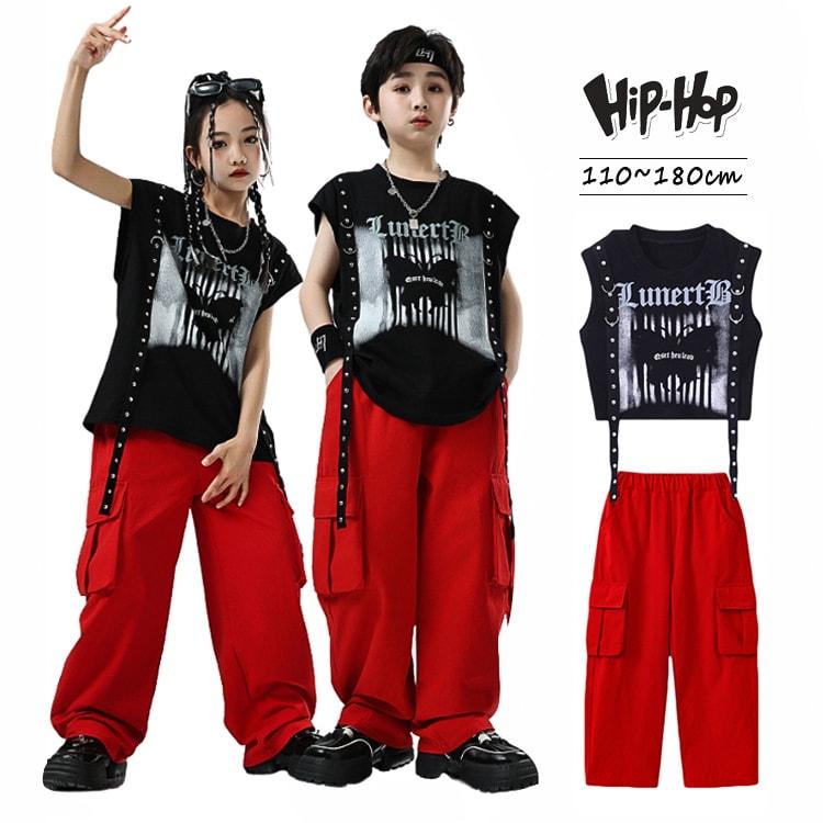 [新品発売]キッズダンス衣装 セットアップ 子供服 女子 男子 ベスト へそ出し 袖なし カーゴパンツ 赤 ヒップホップ 衣装 キッズ ダンス衣装 セット 練習着 ストリート