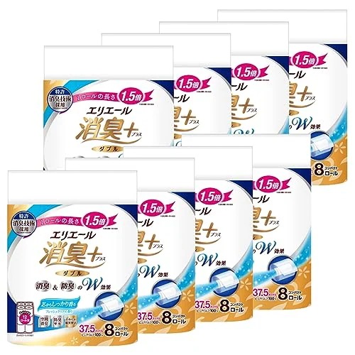 エリエール トイレットペーパー 消臭プラス( ) 1.5倍巻き 37.5m64ロール(8ロール8パック) ダブル パルプ100% フレッシュクリアの香り 【ケース販売】
