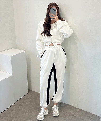 [トレーニングセット/ハイクオリティ] 配色 ミンク ジョガーパンツ 起毛ジョガーパンツ パッドクロップフード ジップアップ 起毛フードジップアップ トレーニングセットアップ