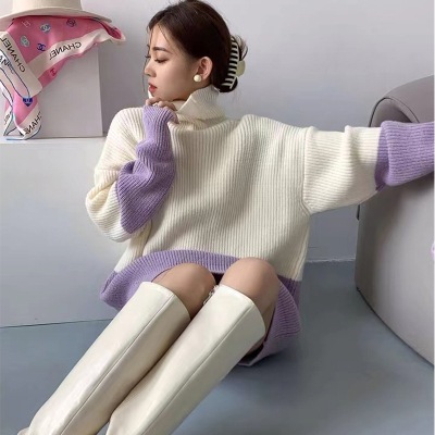 バイカラーセーター タートルネックセーター レディース 秋冬 ルーズ プルオーバー コントラストカラー ニット セーター ニットワンピ 可愛い オシャレ D259