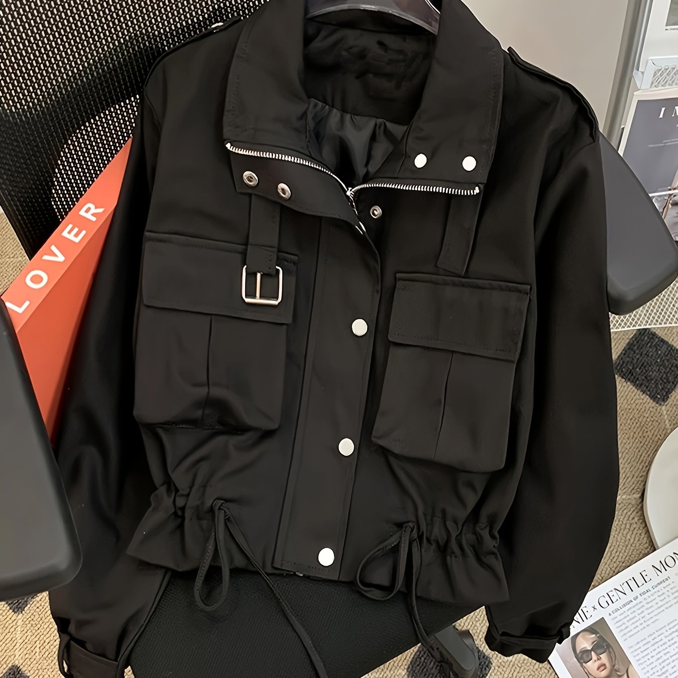 春秋用 レディース ワークウェアジャケット スタンドカラー ドローストリングウエスト 多機能 スタイリッシュ アウター 複数ポケット